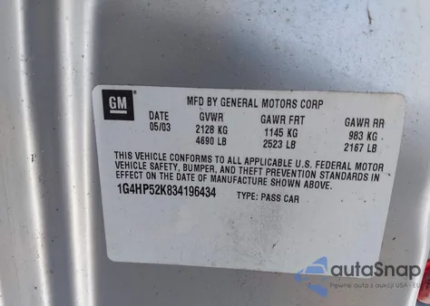 2003 Buick Lesabre Custom z USA, uszkodzony, nr VIN 1G4HP52K834196434